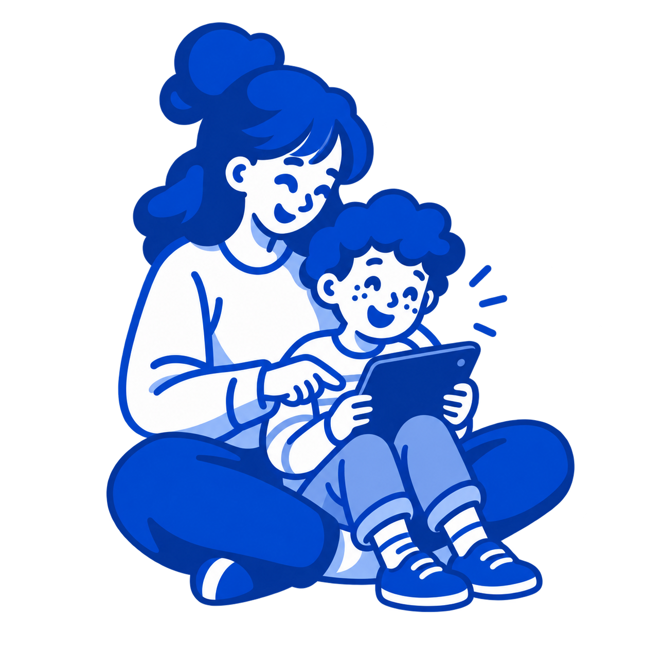 An adult supporting a child as they communicate using a tablet.