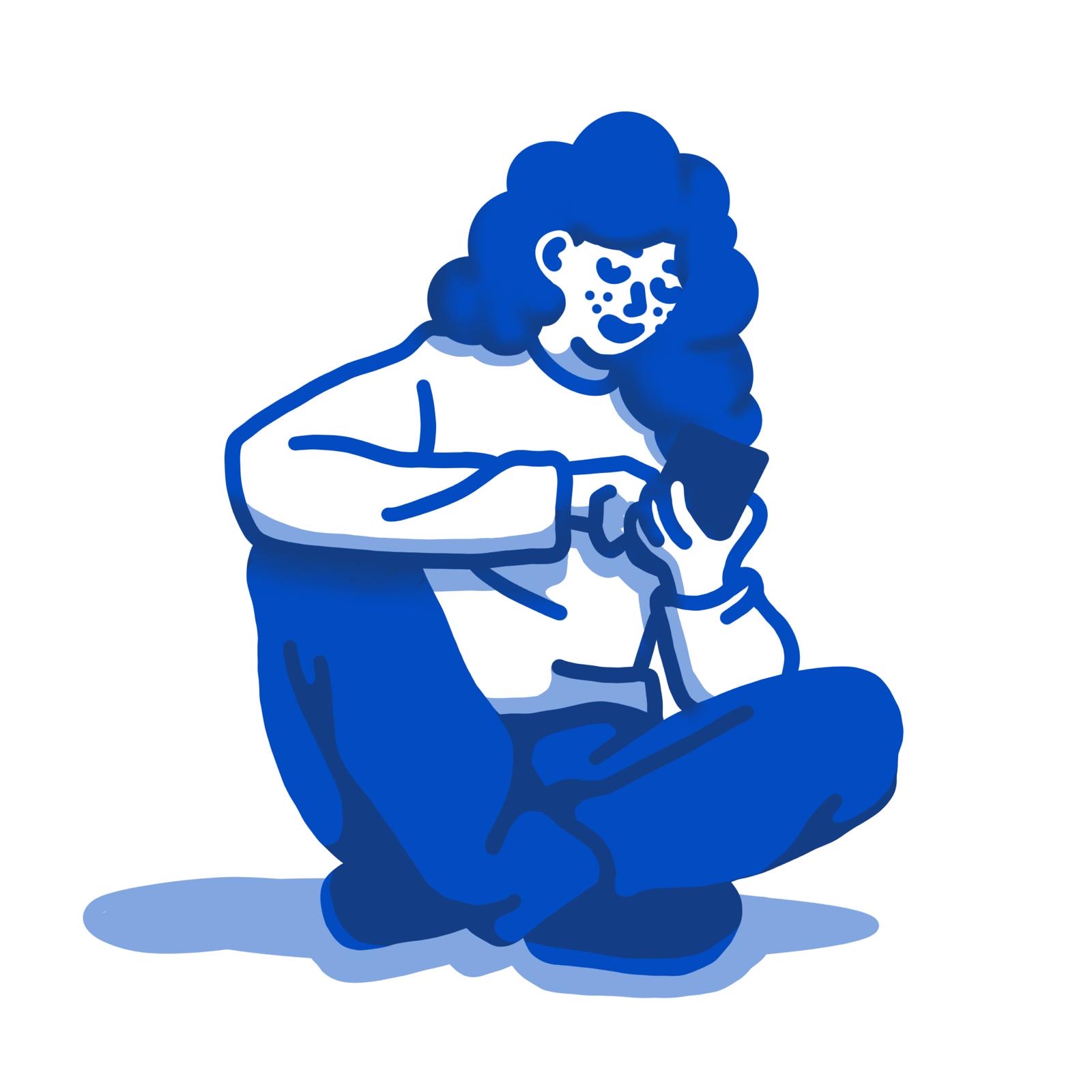 An illustration of a person sitting on the floor, cross legged, holding a phone.