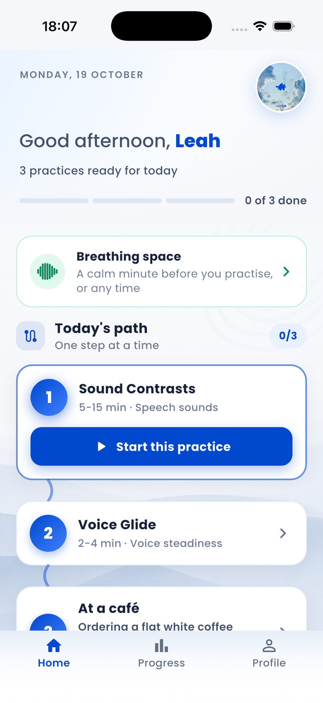 The EaseTalk home screen: three practices ready for today, a breathing space, and a daily path with Sound Contrasts, Voice Glide and a café conversation.
