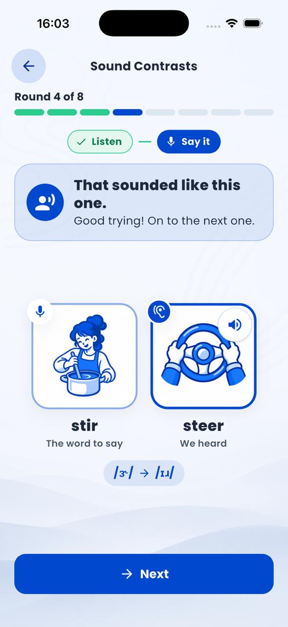 Sound Contrasts development preview: a minimal-pairs activity comparing stir and steer, with the intended word and the word detected by the app.