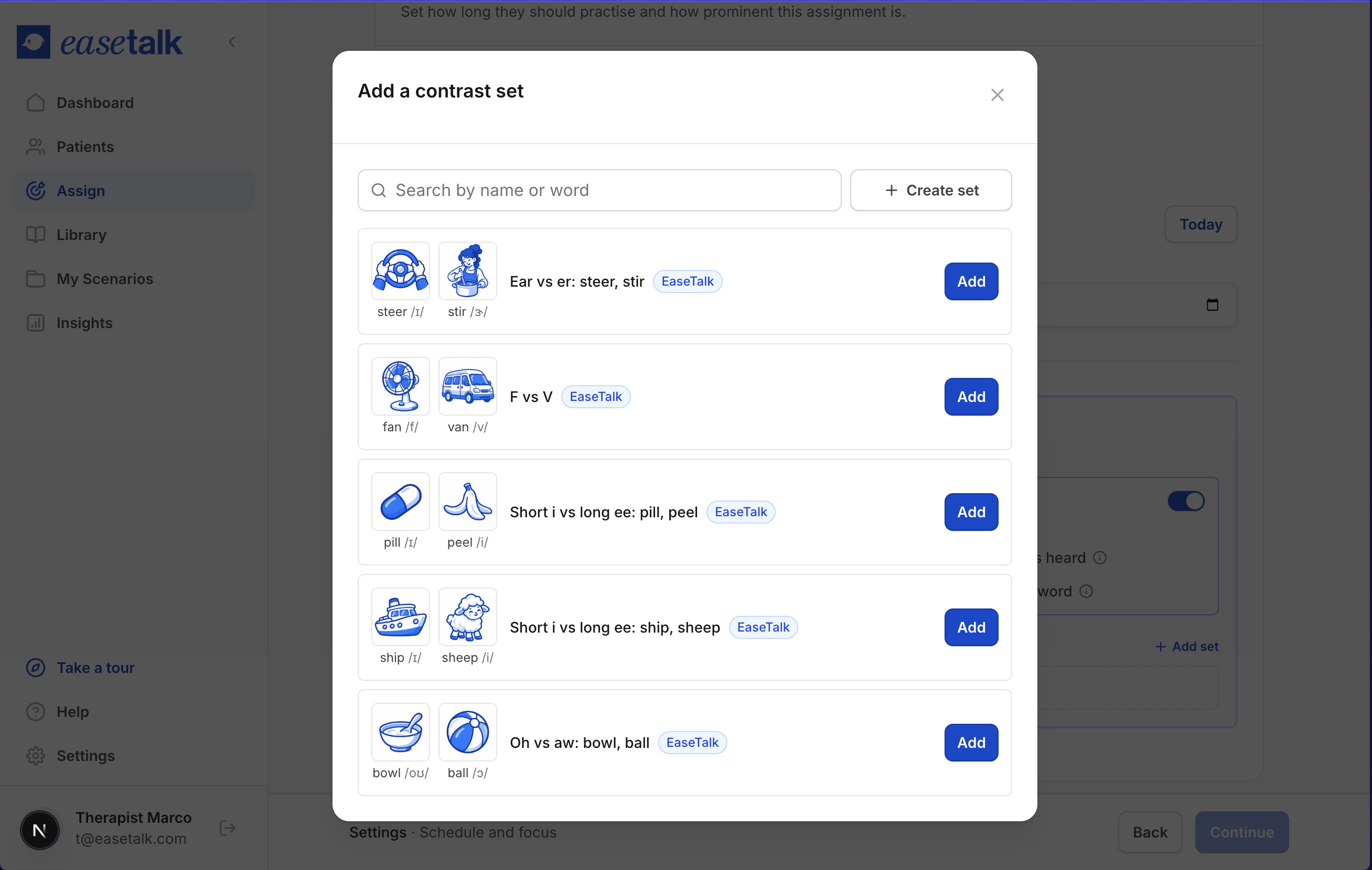 The EaseTalk therapist dashboard: adding a contrast set from a library of illustrated word pairs.