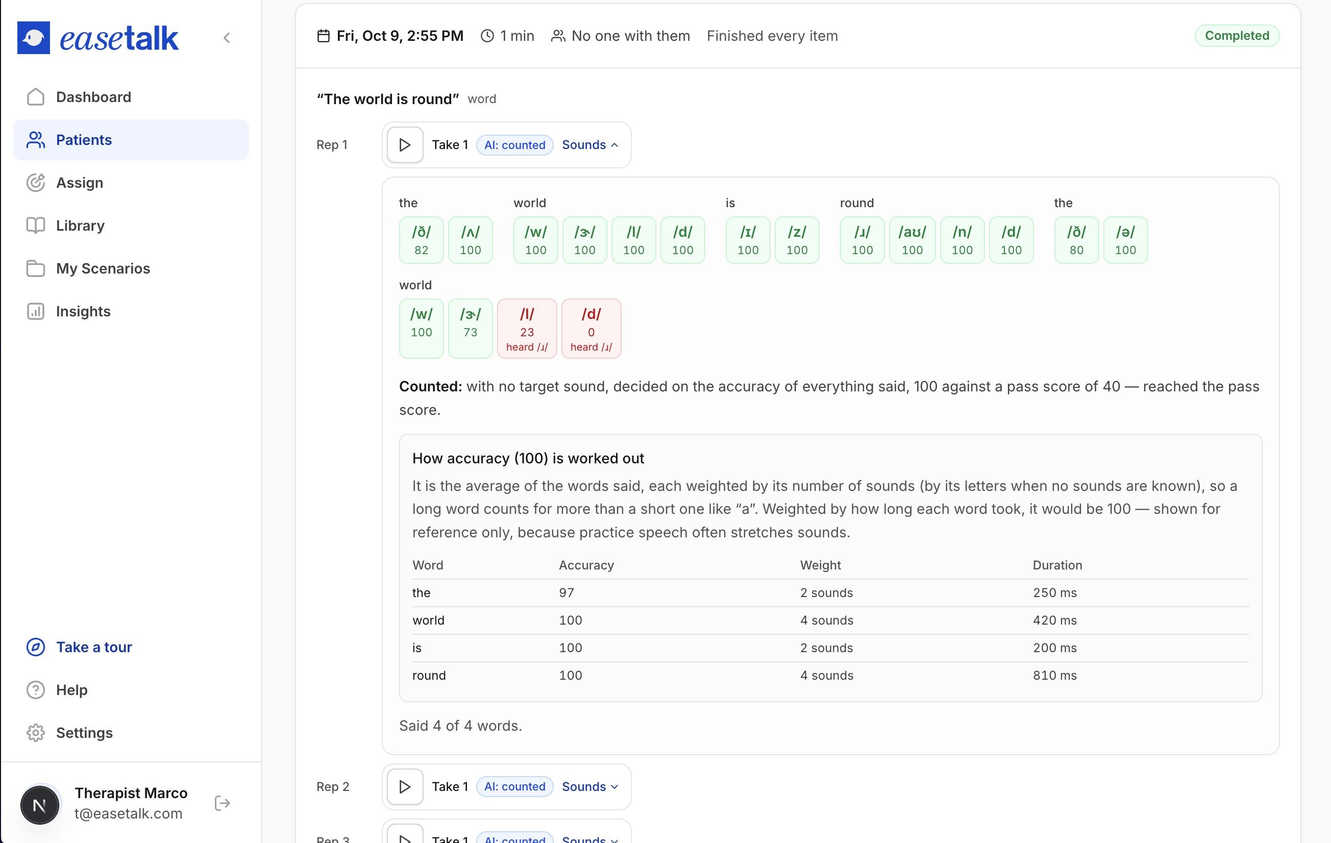 Development preview of the therapist dashboard with a practice recording, individual speech sounds and sample accuracy values.
