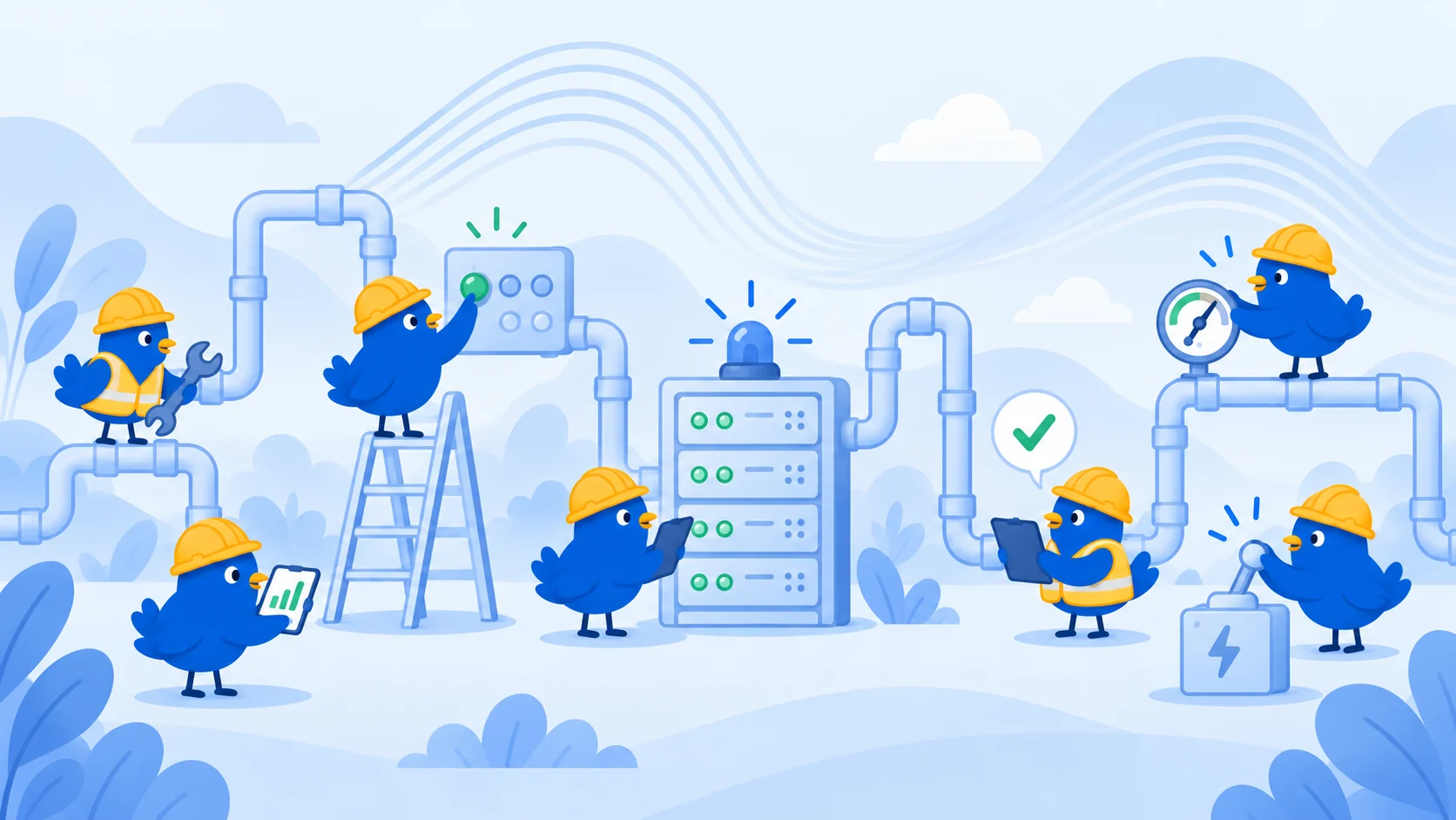 Illustration of EaseTalk birds in hard hats maintaining a run of pipes and a server rack