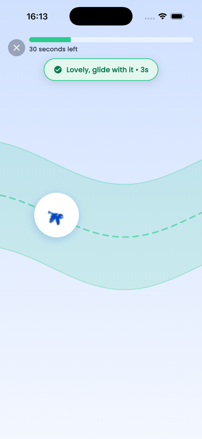 A Voice Glide activity in progress: thirty seconds left, an encouraging message and a marker following a curved path.