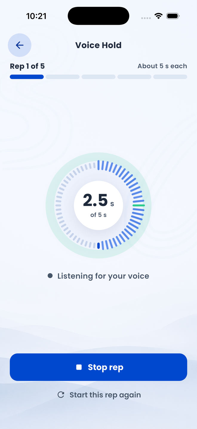 A Voice Hold exercise in progress: repetition one of five, a circular timer showing 2.5 of 5 seconds, and a message reading Listening for your voice.