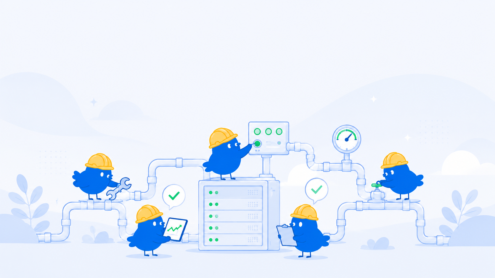 Illustration of EaseTalk birds in hard hats maintaining a run of pipes and a server rack