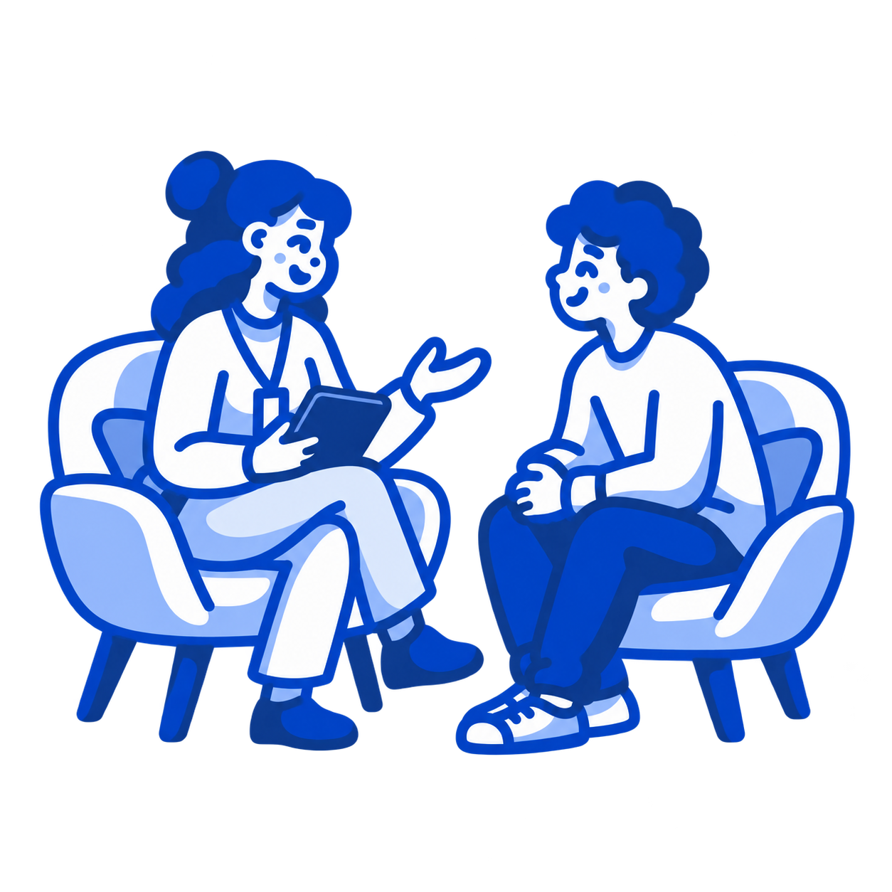 A speech and language therapist and patient speaking face to face.